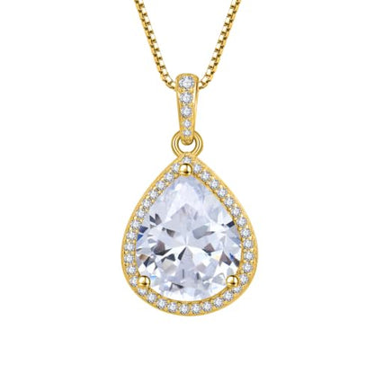 FJ Teardrop Pendant Necklace 925 Sterling Silver Birthstone Jewelry for Women - color: 04 April-Simulated Diamond-Yellow Gold