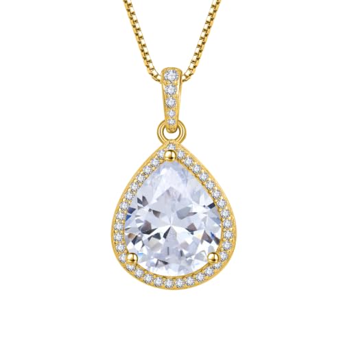 FJ Teardrop Pendant Necklace 925 Sterling Silver Birthstone Jewelry for Women - color: 04 April-Simulated Diamond-Yellow Gold
