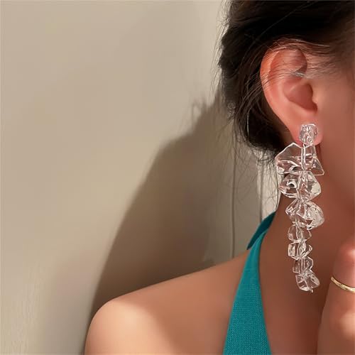 Ice Cube Acrylic Earrings Funny Irregular Clear Crystal 3D Long Transparent Square Geometric Lightweight Dangle Drop Earrings for Women Minimalist Hot Summer Holiday Christmas Unique Trendy Jewelry Gifts - style: Long ice cube earring