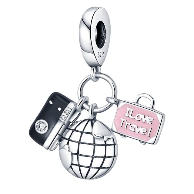 Flower Crab Orca Birthday Athlete Family Tree Safety Chain Cat Dog Bead Pendant 925 Sterling Silver Dangle Compatible With Pandora Moments Charm Bracelet - style: I Love Travel Holiday Globe Digital Camera Tourist