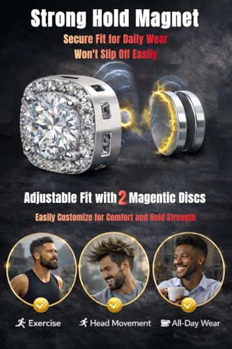 Magnetic Earrings for Men 5A Cubic Zirconia Stainless Steel Clip On Earring | 2 Pairs Fake Earrings Non Pierced Magnet Nose Stud Piercings for Women, 5/6/7/8MM Simulated Diamond, Gold/Silver/Black Color - color: Silver-Style One-8mm