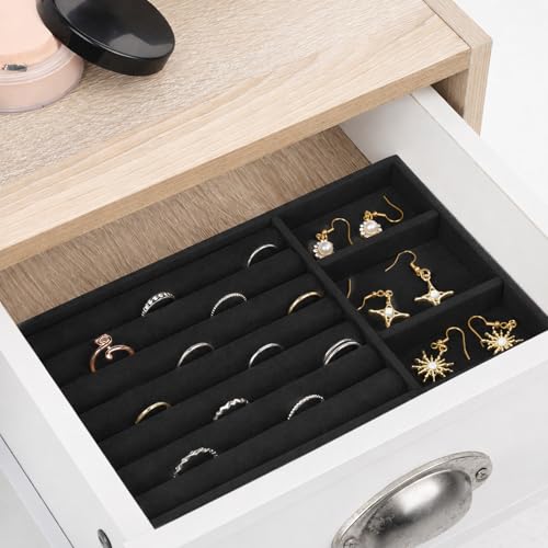 Jewelry Box Insert Organizer for Drawer, Stackable Trays Velvet Jewelry Drawer Inserts, Ring Earring Stud Necklace Holder Display Storage Case(Black, 8.3 x 4.9in) - color: Black