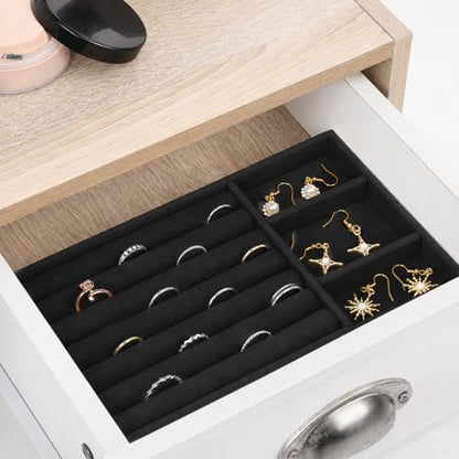 Jewelry Box Insert Organizer for Drawer, Stackable Trays Velvet Jewelry Drawer Inserts, Ring Earring Stud Necklace Holder Display Storage Case(Black, 8.3 x 4.9in) - color: Black