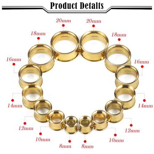 12G-25mm Double Flare Thin Gauges Tunnels Plugs Stretching Kit 316L Surgical Stainless Steel Hollow Gauge Tunnel Plug for Ear 12G 10G 8G 6G 4G 2G 0G 00G 12mm 14mm 16mm 18mm 20mm 22mm 25mm - color: Gold Tone, size: 0G(8.0mm)-22mm