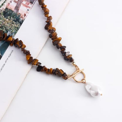 Bohemian Stone Pearl Choker Necklace for Women Dainty Natural Irregular Stone Choker Turquoise Beaded Lariat Necklace Simple Fashion OT Toggle Spiritual Handmade Jewelry - color: Brown