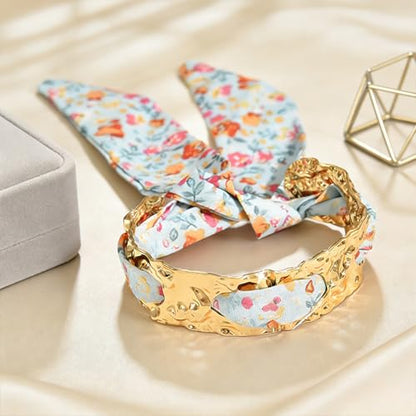 Hammered Gold Metal Silk Scarf Bangle Women,Chunky Fabric Wrapped Open Cuff Bracelet,Boho Ethnic Style Geometric Jewelry, Elegant Statement Wrist - color: Blue