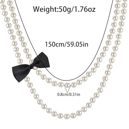Long Pearl Necklace for Women 59" Faux White Pearls Necklaces Black Bow Pearl Beads Necklace 1920s Statement Bride Wedding Jewelry Gifts - color: Black Bow Pearl Necklace
