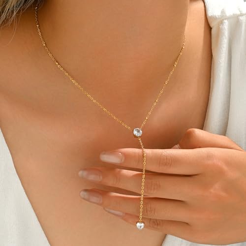 Dainty Y-Shaped Lariat CZ Drop Charm Pendant Necklaces for Women - color: Round-CZ-GD