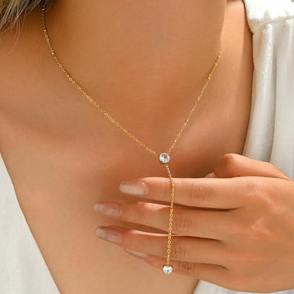 Dainty Y-Shaped Lariat CZ Drop Charm Pendant Necklaces for Women - color: Round-CZ-GD