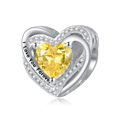 Heart Birthstone Charms for Bracelets, 925 Sterling Silver Women Bead Charms for Charm Bracelets Necklace, Mother's Day Birthday Anniversary Jewelry Gifts for Wife Mom Grandma Daughter - style: Bead - Nov - Citrine