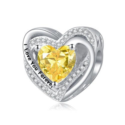 Heart Birthstone Charms for Bracelets, 925 Sterling Silver Women Bead Charms for Charm Bracelets Necklace, Mother's Day Birthday Anniversary Jewelry Gifts for Wife Mom Grandma Daughter - style: Bead - Nov - Citrine