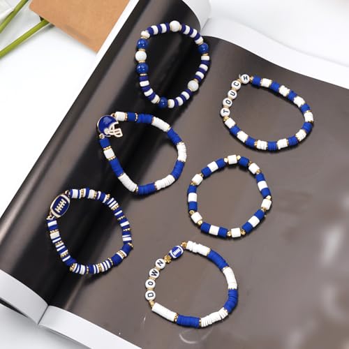 Ardorchid Halloween Bracelets for Women Pumpkin Ghost Steleton Bat Skull Beaded Stackable Stretchy Bracelet Rugby Thanksgiving Christmas Heishi Bracelets - color: Game Day-Blue