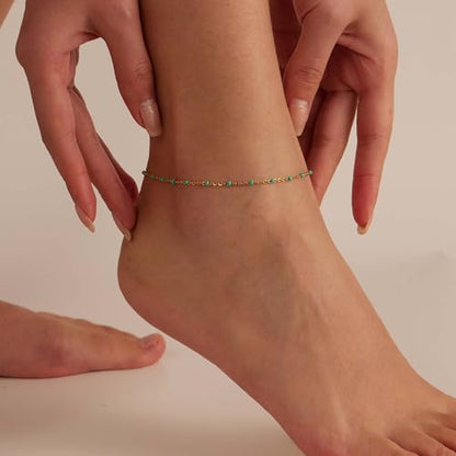 Dainty Ankle Bracelets for Women 18K Gold Plated Waterproof | Satellite Beaded Herringbone Lip Chain Anklets Simple Minimalist Summer Beach Foot Jewelry, Gift Box Included - color: Green Beads-Gold