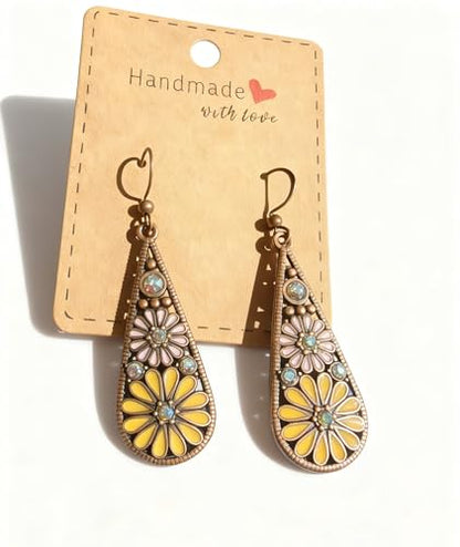 Bohemian Crystal Teardrop Dangle Earrings, Copper, Tribal Geometric Design, Handmade National Style for Women - color: Yellow