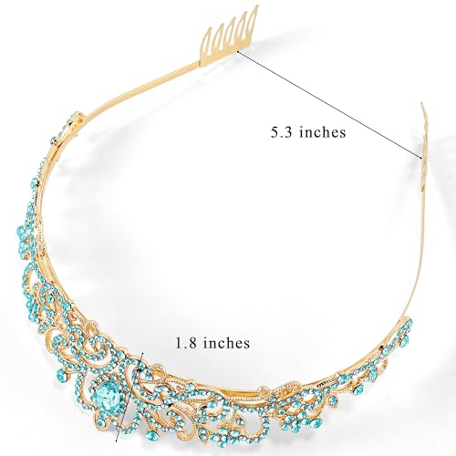 TAROSE Crowns for Women, Queen Crystal Gold Silver Tiaras Goddess Crown | with White Rhinestone and Combs, Wedding Bride Birthday Princess Bridal Shower Hair Accessories for Women - color: 1 G. Gold+Lake Blue