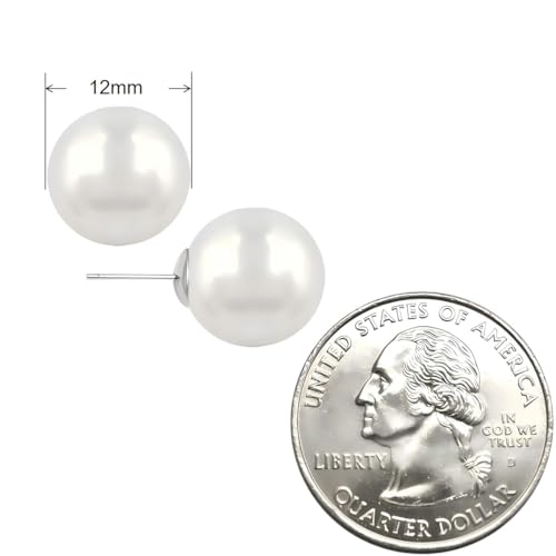 White Faux Pearl Stud Earrings, S925 Silver Posts Hypoallergenic for Women - color: White, size: 12mm