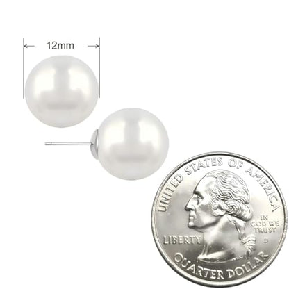White Faux Pearl Stud Earrings, S925 Silver Posts Hypoallergenic for Women - color: White, size: 12mm