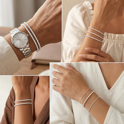 925 Sterling Silver Bracelets for Women Stack, Trendy Tennis Bangle Cuff Jewelry Set 14K Gold Plated, Adjustable Bracelet Set for Wrist Essentials, Women Fashion Watch Band Acecessories - style: Bracelet_3pcs(Silver Tennis Set 2mm)