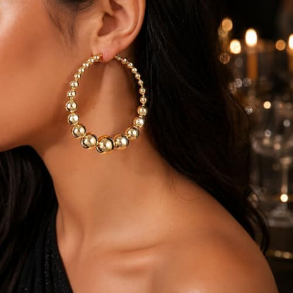 Big Chunky Gold Hoop Earrings for Women Beaded Large Statement Earrings Lightweight Fashion Jewelry Daily Wear Party Gift - color: A:gold Hoop Earrings
