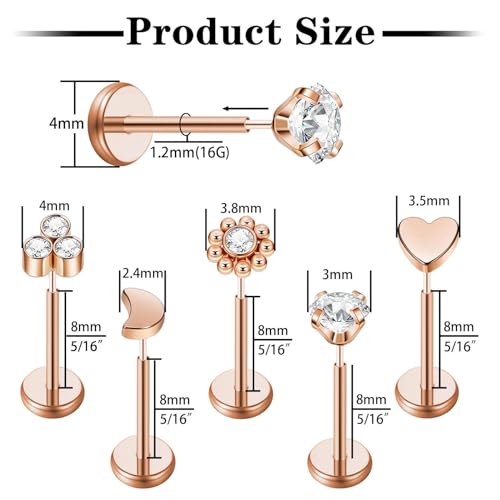 Uni-J 10pcs 20G/18G/16G Threadless Push-in Tragus Conch Cartilage Flat Back Helix Labret Monroe Lip Ring Daith Piercing Jewelry - color: 16G Rose Gold 8mm