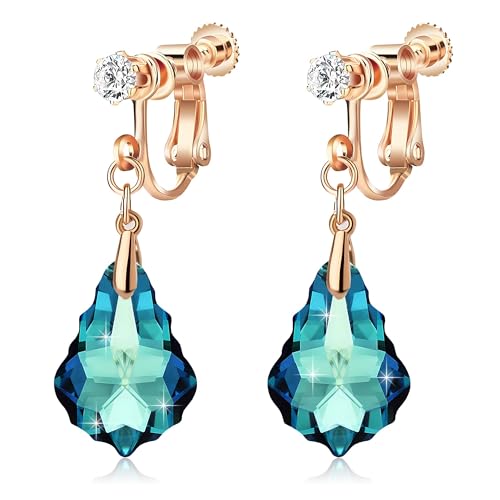 Austrian Crystal Baroque Drop Clip On Dangle Earrings for Women Non Pierced 14K Rose Gold Plated Hypoallergenic Jewelry - color: Bermuda Blue