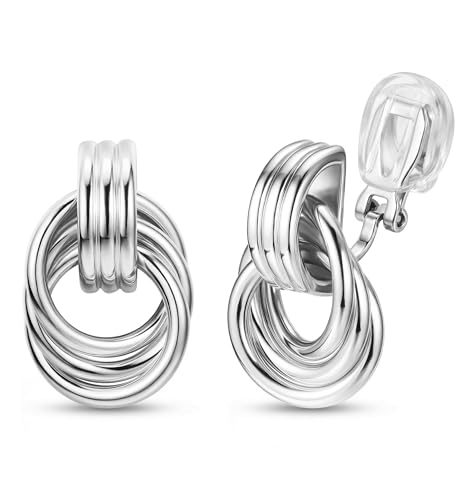 ORAZIO Clip On Earrings Women Geometric Statement Unique Non Pierced Earrings 14K Gold Plated Knot Chunky Drop Dangle Hoop Stud Clip-on Earrings for Women Trendy - color: Style C-Silver Plated