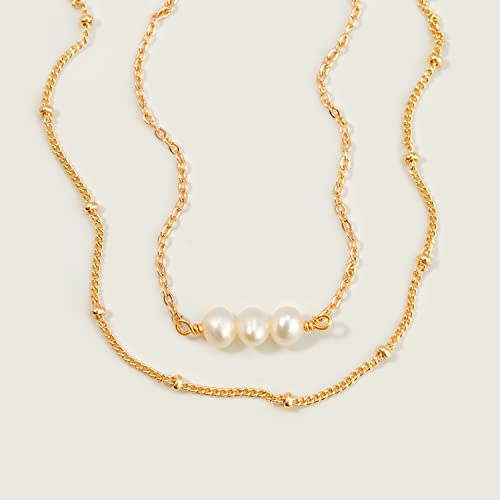 MEVECCO Dainty Chain Bracelets for Women, Layered and Charm Styles | 14K Gold Plated Brass, Select Cubic Zirconia Accents, Single and Multi-Row Structures for Refined Everyday Wristwear - style: 2 Layer 3 Pearls Satellite Chain
