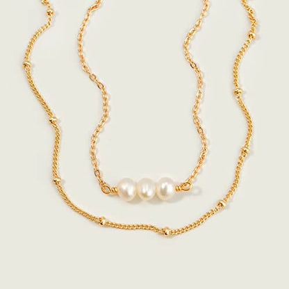 MEVECCO Dainty Chain Bracelets for Women, Layered and Charm Styles | 14K Gold Plated Brass, Select Cubic Zirconia Accents, Single and Multi-Row Structures for Refined Everyday Wristwear - style: 2 Layer 3 Pearls Satellite Chain