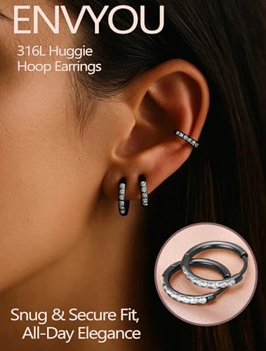 316L Surgical Steel Huggie Hoop Earrings | Dainty Pave Cubic Zirconia Cartilage Tiny Earring for Sensitive Ears Hypoallergenic Lightweight for Women Men - style: Black,18G*8/10/12mm