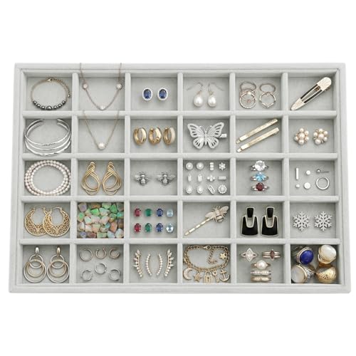 Stratalife 30 Grid Velvet Jewelry Organizer Tray, 13.8" x 9.4" x 1.2" | Stackable Drawer Earring Organizer with Adjustable Dividers, Jewelry Display Tray for Necklace Earring Ring Bracelet, Gray - color: Grey, size: 30