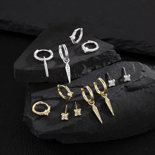 Earrings for Men 14K Gold Plated Hypoallergenic Mens Hoop Earrings | Cubic Zirconia Round/Square Stud with Huggie Hoop Earring Set,Mens Cartilage Studs for Sensitive Ear,Jewelry Gift for Him - color: Gold 3Pairs Earrings Set