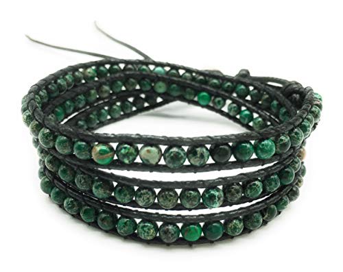 Handmade Alloy Leather Natural Stone Bead Statement Bracelet Bangle Cuff Rope 3 Wrap Adjustable Jewelry Collection - color: Dark Green Sea Sediment Jasper & Black Leather Cord