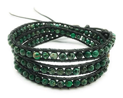 Handmade Alloy Leather Natural Stone Bead Statement Bracelet Bangle Cuff Rope 3 Wrap Adjustable Jewelry Collection - color: Dark Green Sea Sediment Jasper & Black Leather Cord