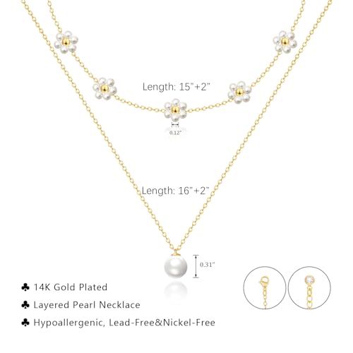 OGD Gold Pearl Necklace Set for Women 14K Plated Layered Daisy Choker Gift - color: Gold Daisy Pearl-2PCS
