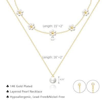 OGD Gold Pearl Necklace Set for Women 14K Plated Layered Daisy Choker Gift - color: Gold Daisy Pearl-2PCS