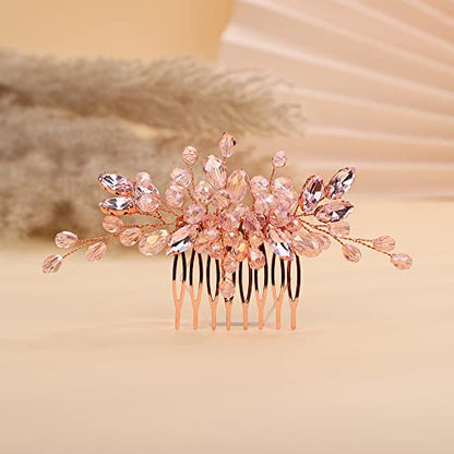 Teyglen Dainty Simple Full Rhinestones Hair Comb Pink Rose Gold Bride Wedding Hair Comb Luxurious Shiny Crystal Bridal Side Hair Pieces Hair Accessories for Women Girls (Pink) - color: Pink