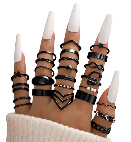iF YOU 25 Pcs Gold Stackable Ring Set for Women, Chunky Knuckle Finger Midi Rings, Silver Simple Stacking Cute Rings Pack Trendy Stuff Jewelry Gift - style: 25 Black chunky rings