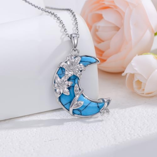 925 Sterling Silver Turquoise Moon Pendant Necklace for Women, Snake/Flower/Bow/Tree of Life/Star Moon Necklace, Dainty Jewelry for Daily Wear & Gifts - style: Style 4