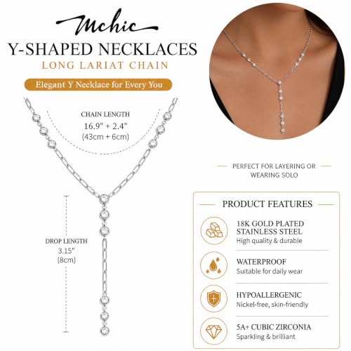 Mchic Gold Necklace for Women Dainty Long Lariat Necklace 18K Gold/Silver Plated Y-Shaped Pendant Necklaces Minimalist Layered Drop Necklaces Trendy Jewelry Gift - color: Silver1