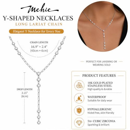 Mchic Gold Necklace for Women Dainty Long Lariat Necklace 18K Gold/Silver Plated Y-Shaped Pendant Necklaces Minimalist Layered Drop Necklaces Trendy Jewelry Gift - color: Silver1