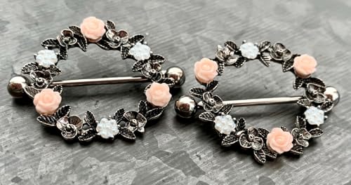 PAIR of Unique Floral Wreath 316L Surgical Steel Nipple Shields - Ring -14g - Body Jewelry - color: Silver