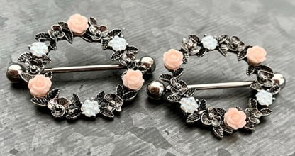 PAIR of Unique Floral Wreath 316L Surgical Steel Nipple Shields - Ring -14g - Body Jewelry - color: Silver
