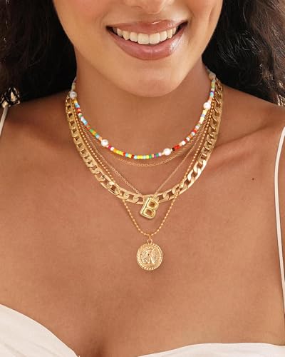 MJartoria Layered Necklaces for Women Trendy Balloon Initial Pendant Necklace Dainty Chunky Chain Beaded Choker Necklaces Jewelry Birthday Gifts - color: Gold, style: B