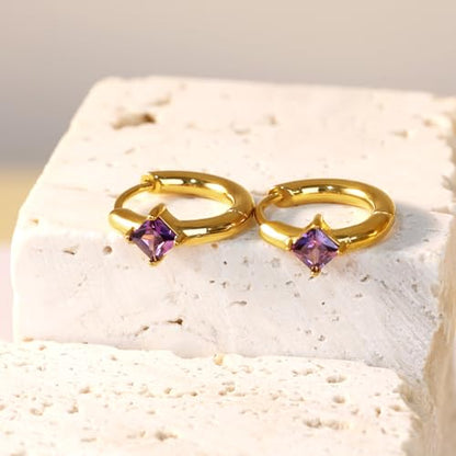 316L Surgical Steel Birthstone Hoop Earrings for Women | Lightweight, 5A Cubic Zirconia, Hypoallergenic, Lead & Nickel Free, 8mm Huggie Hoops - color: 18k gold-plated: 02. February (Amethyst)
