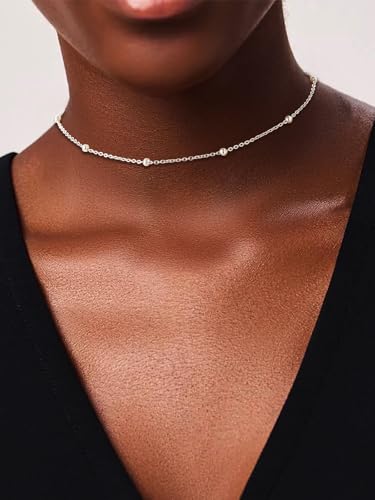 FOCALOOK Choker Necklace for Women, Double Layered Boho Beaded Choker Chain | Dainty 14K Gold Plated/Silver/Black Metal, Simple Small Satellite Beaded Chain Necklace, Hypoallergenic for Everyday Wear - color: 02.Satellite Beads-Silver