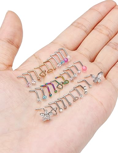 Prjndjw 20G 18G Nose Rings Studs Surgical Steel Nose Stud Glow Dark Heart Opal CZ Flower Nose Piercing Jewelry Nose Rings for Women Straight Screw L Shaped Nose Rings Hypoallergenic Nose Piercing Kit - color: 18G-L Shape nose rings
