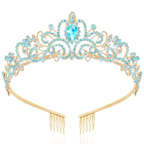 TAROSE Crowns for Women, Queen Crystal Gold Silver Tiaras Goddess Crown | with White Rhinestone and Combs, Wedding Bride Birthday Princess Bridal Shower Hair Accessories for Women - color: 1 G. Gold+Lake Blue