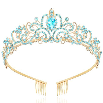 TAROSE Crowns for Women, Queen Crystal Gold Silver Tiaras Goddess Crown | with White Rhinestone and Combs, Wedding Bride Birthday Princess Bridal Shower Hair Accessories for Women - color: 1 G. Gold+Lake Blue