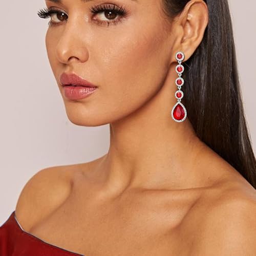 EleQueen Women's Wedding Crystal Teardrop Pear Shape 3 Inch Clip on Long Dangle Earrings for Bride Bridesmaid, Jewelry for Party Prom/Anniversary - color: Red Silver-Tone