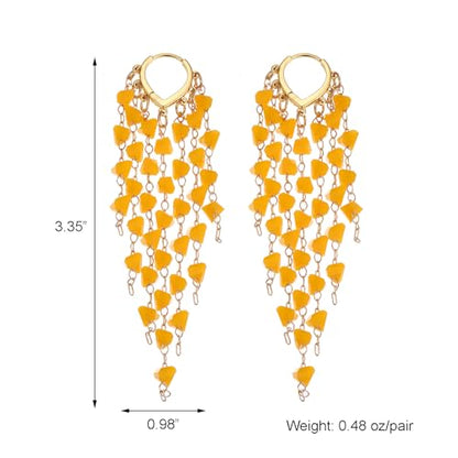 Fringe Hoop Dangle Earrings, Long Beads Tassel Chain Earrings for Women Sparkly Chandelier Earrings - color: Yellow